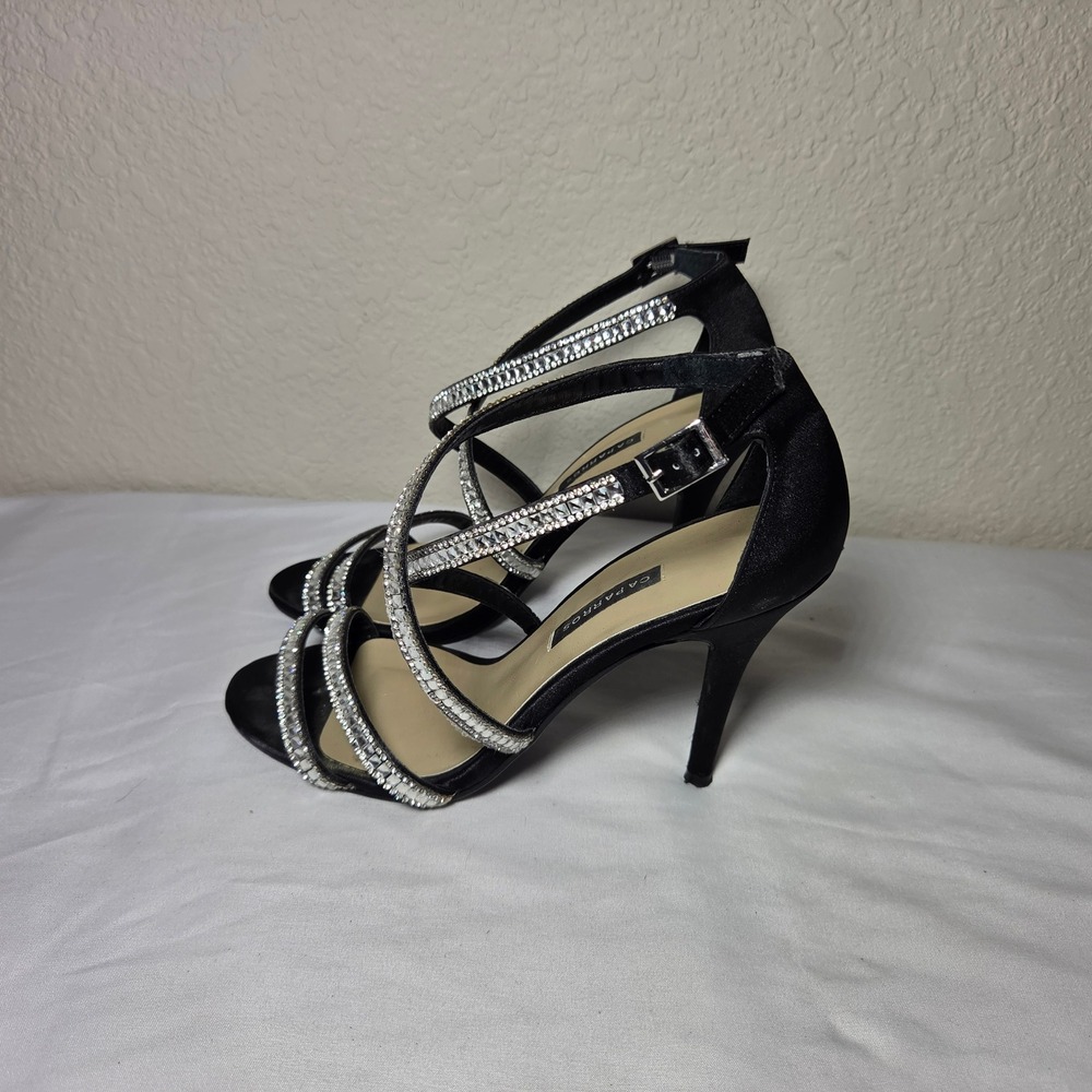 Caparros Womens Black Satin Rhinestone Strappy Stiletto Evening Heels Size 6.5 B